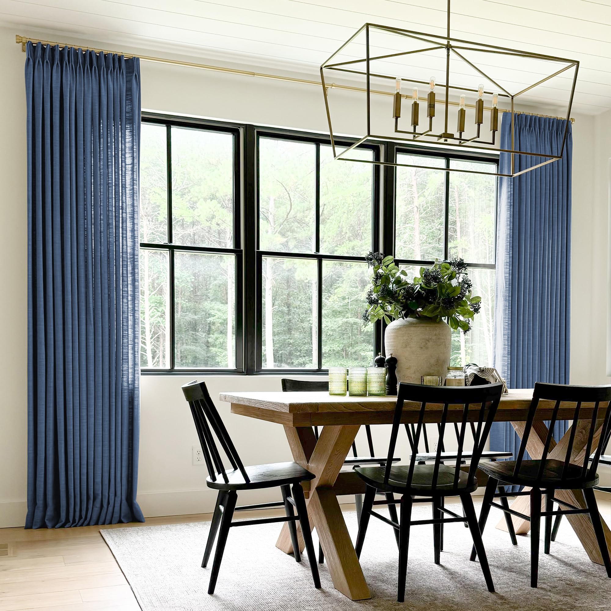 Twopages Navy Blue Linen Pinch Pleat Drape For Dining Room, Room Darkening Light Filtering Double Layer Lined Curtain Window Tre